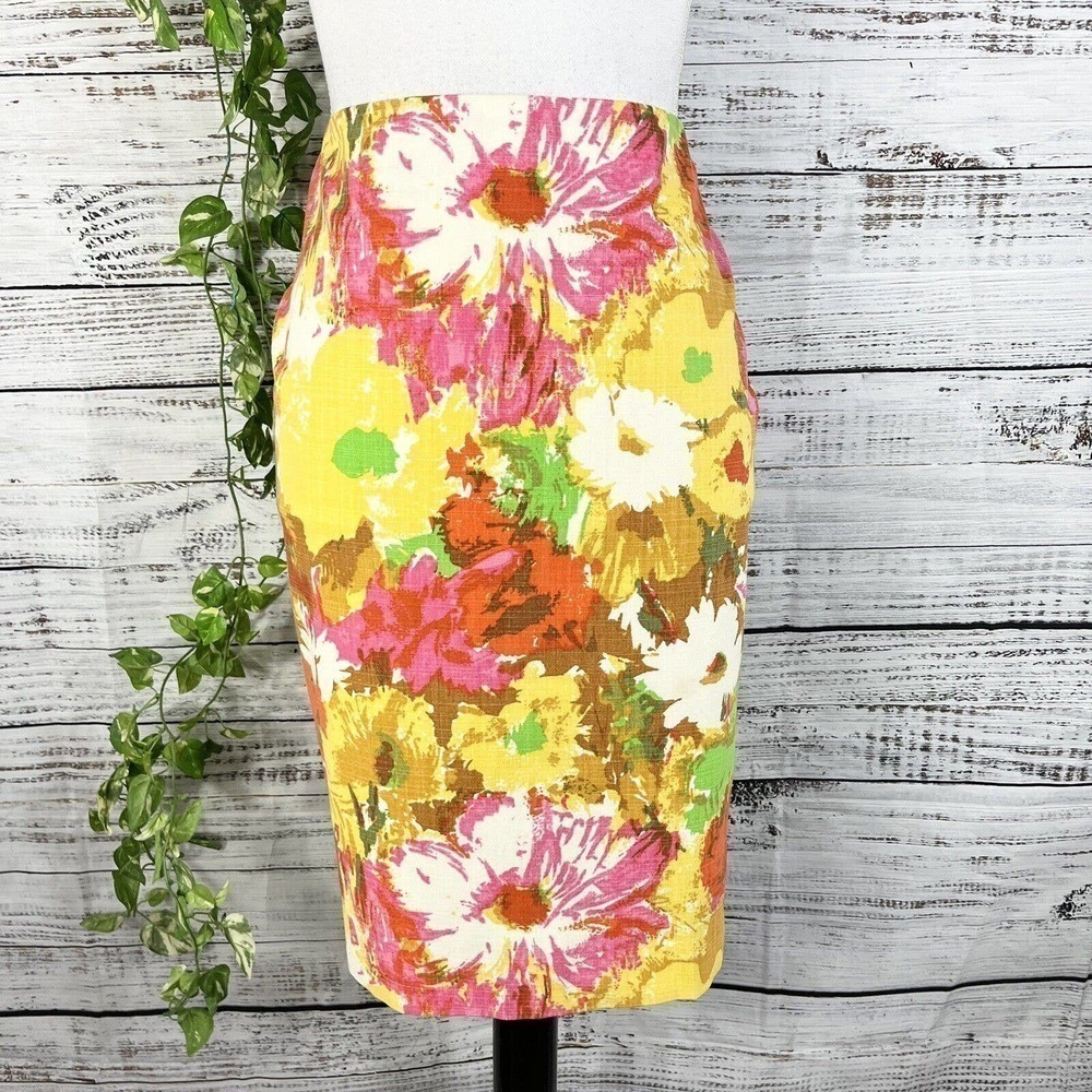 Talbots Skirt size 2 Yellow Pink Orange Floral Pencil Knee Wedding Church Boho